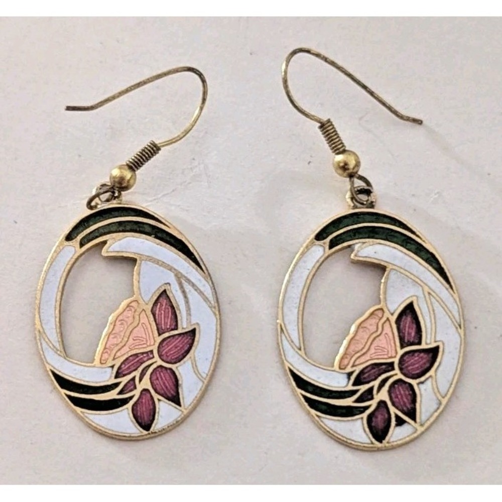 CLOISONNE FLORAL PINK FLOWER OVAL DROP EARRINGS MULTICOLOR ENAMEL VINTAGE HTF - Picture 3 of 6